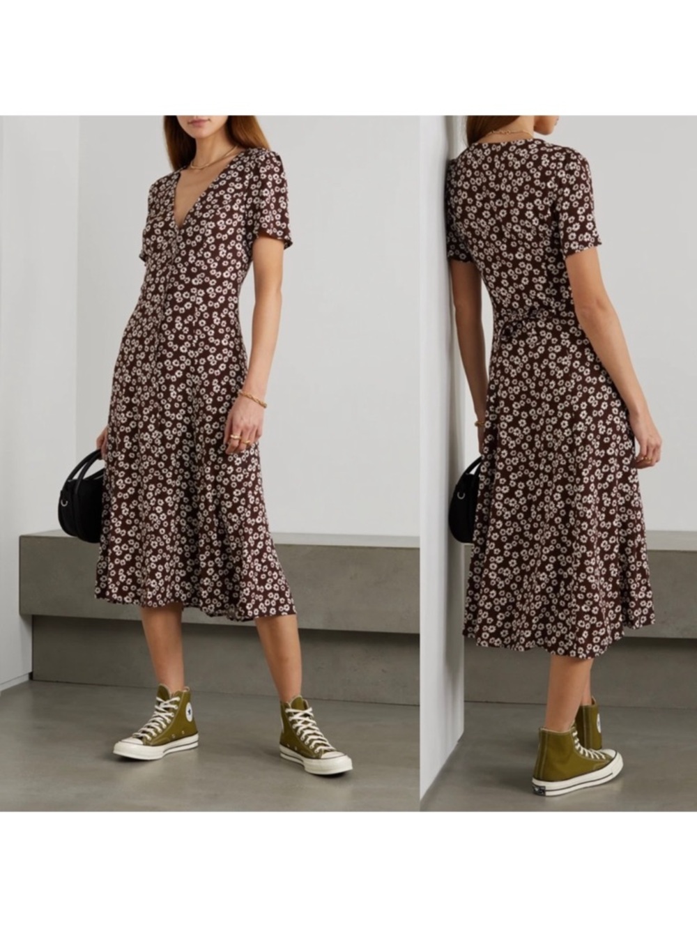 Reformation Locklin Brown Button Front Floral Midi Dress Size 4